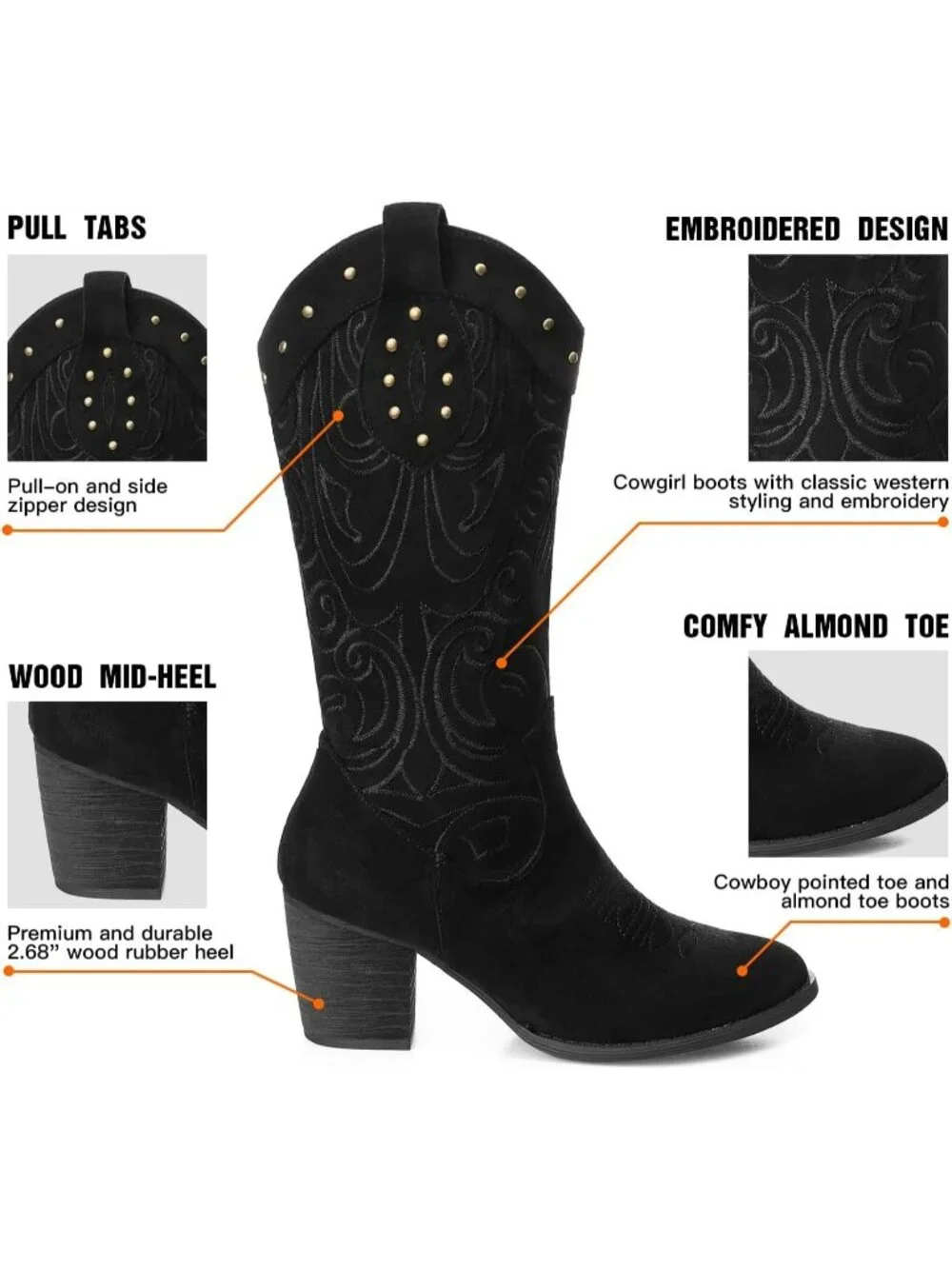 Women Black Western Pointed Toe Chunky Heel Embroidered Mid Calf Cowgirl Boot